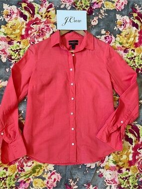 J. Crew Coral Linen “Perfect” Long-Sleeve Button-Down Shirt